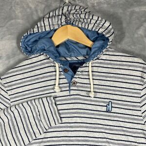 Johnnie-O Mens Striped Henley Hoodie Grey Navy Blue Cotton Pullover Size M